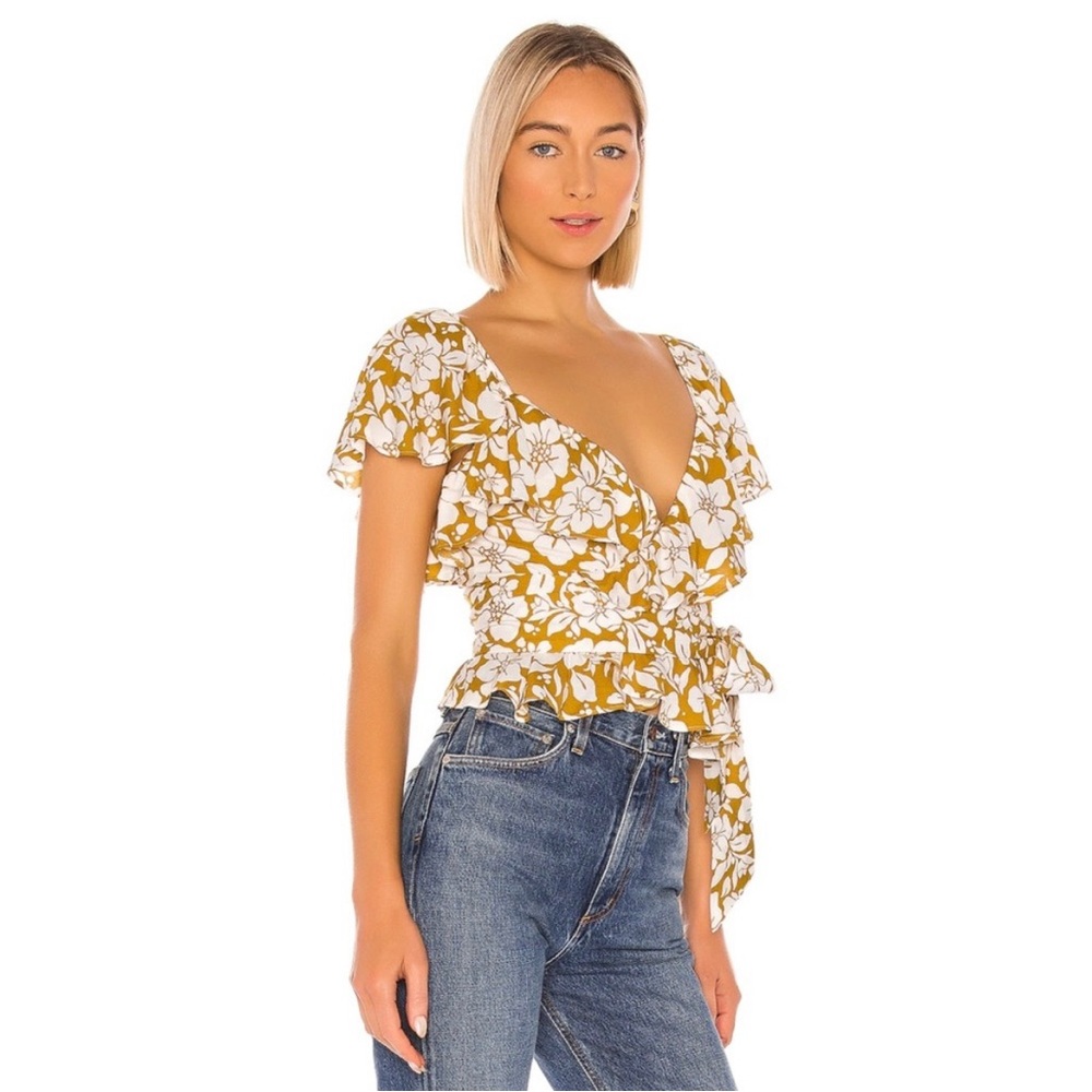 TULAROSA Mustard Yellow Floral Wrap Top